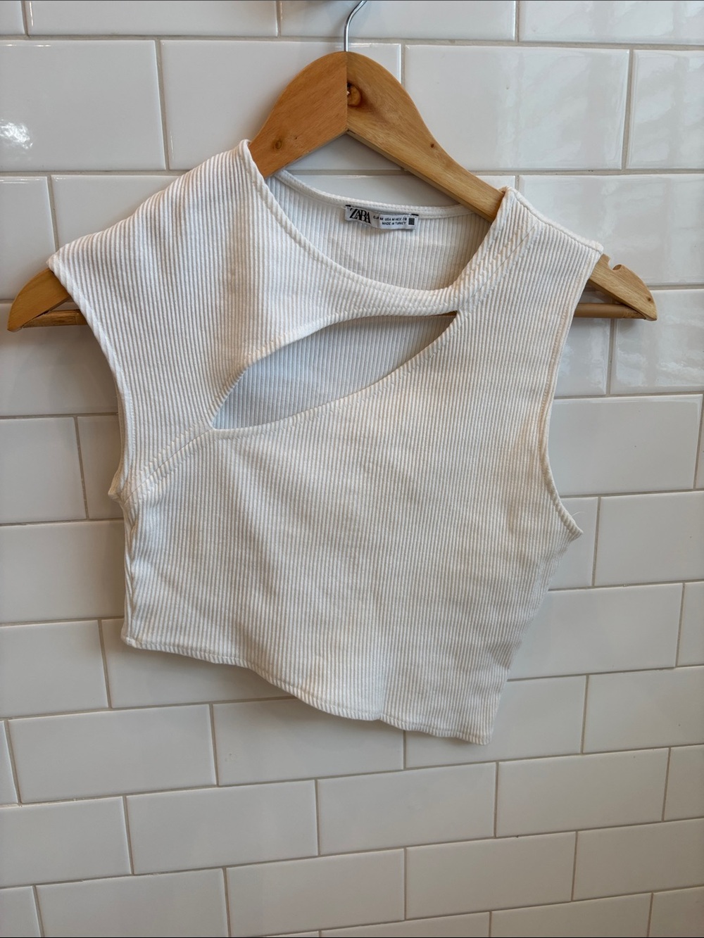 Zara White Ribbed Asymmetric Cutout Crop Top